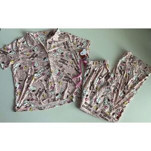 Peanuts SNOOPY Pink Women’s Sz L Pajama PJ Set Pants Short Sleeve More Coffee
